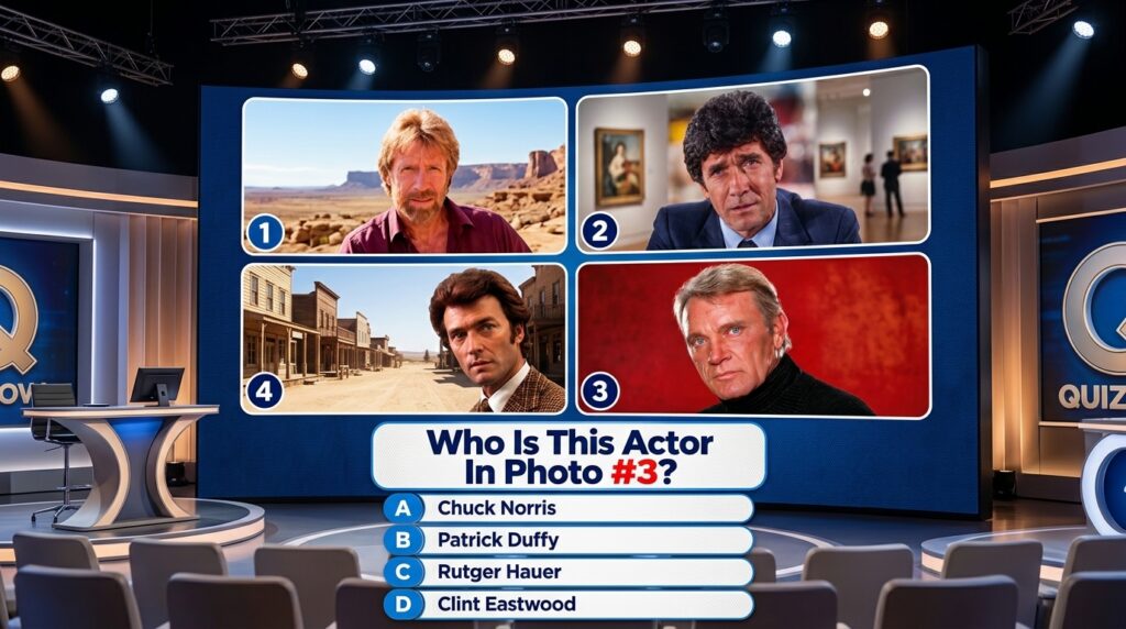 A multiple-choice quiz asking to identify an actor from four headshots of classic male actors