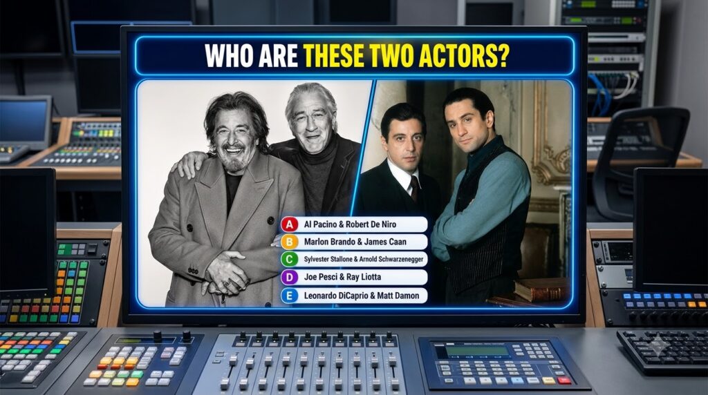 A quiz graphic featuring a split screen with two sets of famous actors Al Pacino and Robert De Niro On the left they app