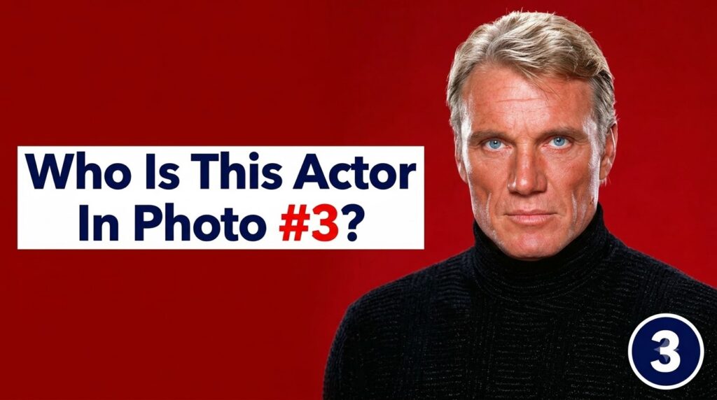 A 2x2 grid of four classic male actor portraits for a quiz with a question Who Is This Actor In Photo 3 below it