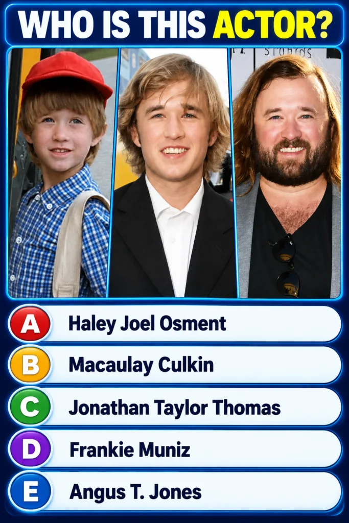 A quiz graphic titled WHO IS THIS ACTOR showing three portraits of Leonardo DiCaprio at different ages a child with a re