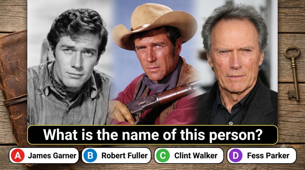 A multiple-choice quiz showing three portraits of Clint Eastwood at different ages with the question What is the name of