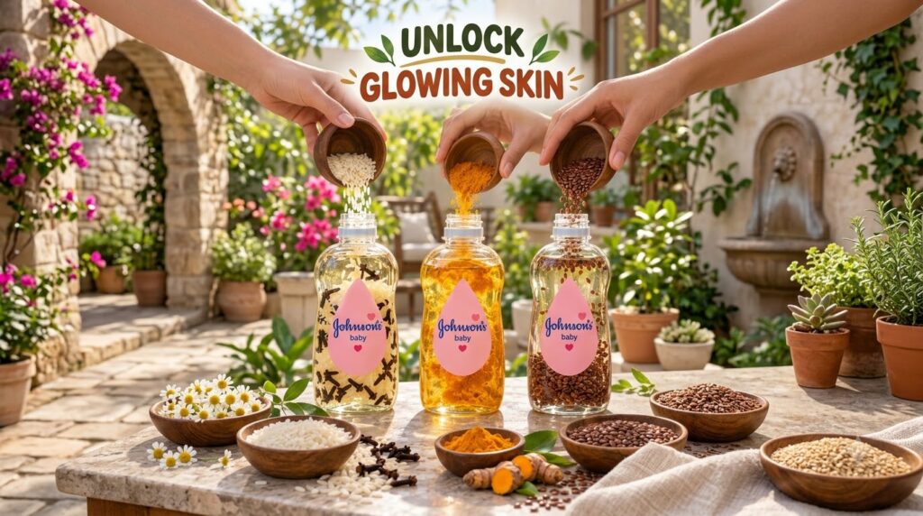 Three transparent Johnson s Baby oil bottles each infused with different natural ingredients like rice turmeric and flax
