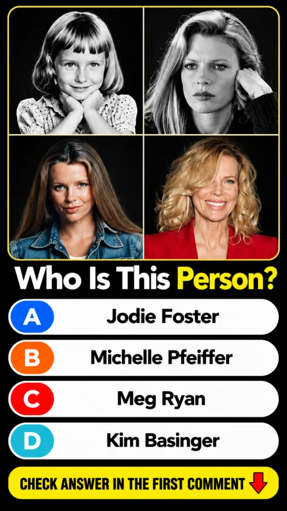 A four-panel collage featuring Kim Basinger at different ages from childhood to mature adulthood serving as a Who Is Thi