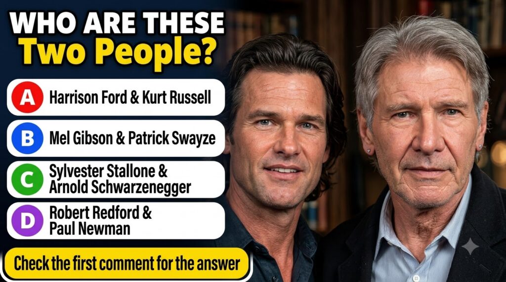 A quiz card showing tightly cropped lower faces of Johnny Depp and Leonardo DiCaprio with a question and answer options 