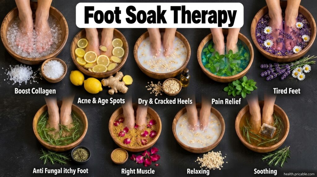 A 3x3 grid displaying nine different natural foot soaks in wooden bowls each with feet submerged Ingredients like lemon