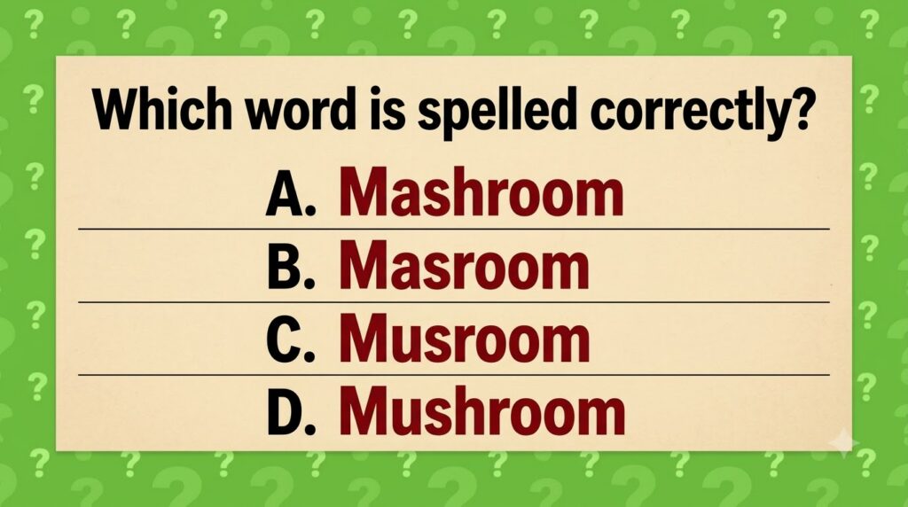 A spelling quiz panel against a green background asking Which word is spelled correctly with options for Mushroom