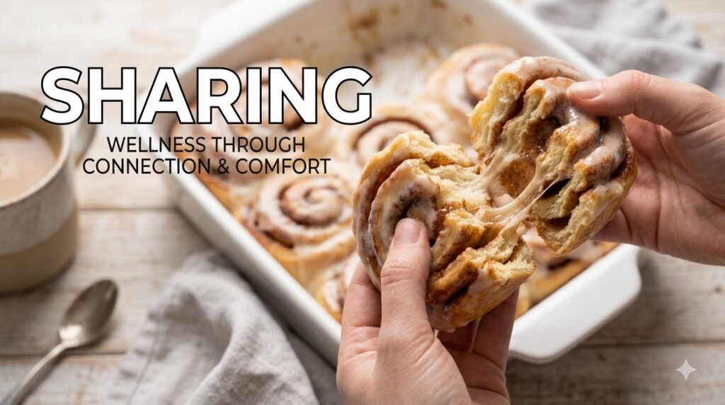 A close-up shot of hands pulling apart a warm glazed cinnamon sticky bun revealing its soft gooey interior and stretchin
