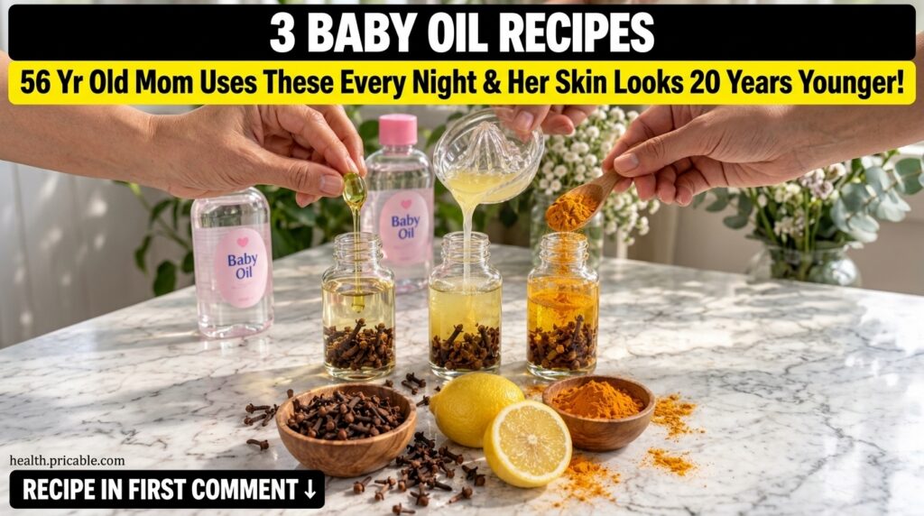 A trio of small glass bottles each containing baby oil infused with different natural ingredients like cloves lemon and