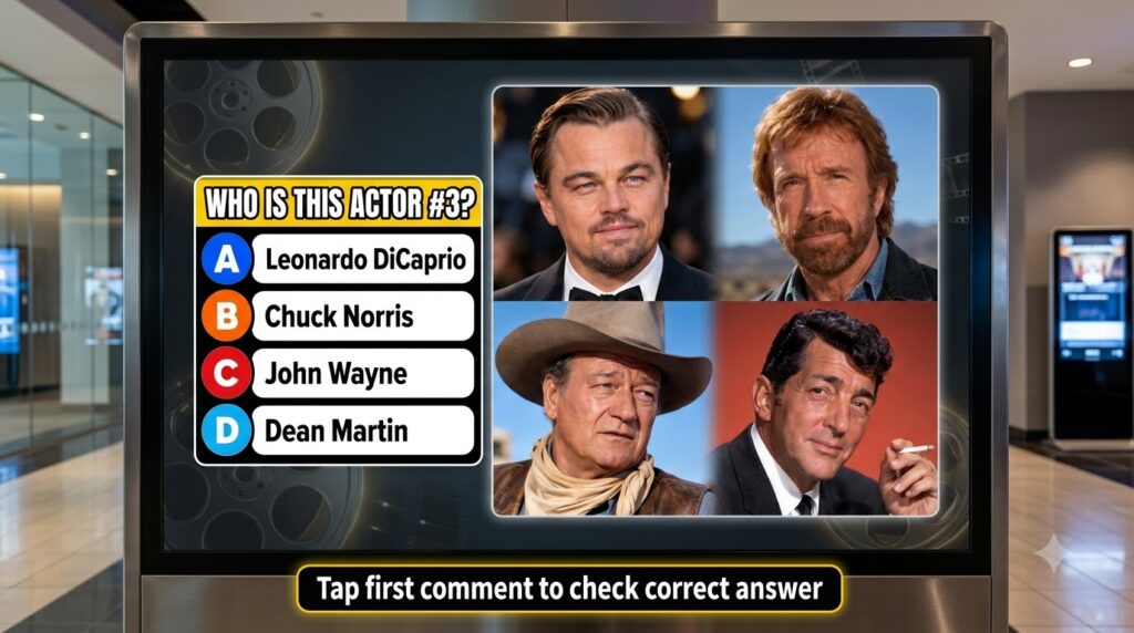 A quiz card showing four celebrity portraits in a 2x2 grid Leonardo DiCaprio Chuck Norris John Wayne Dean Martin with th