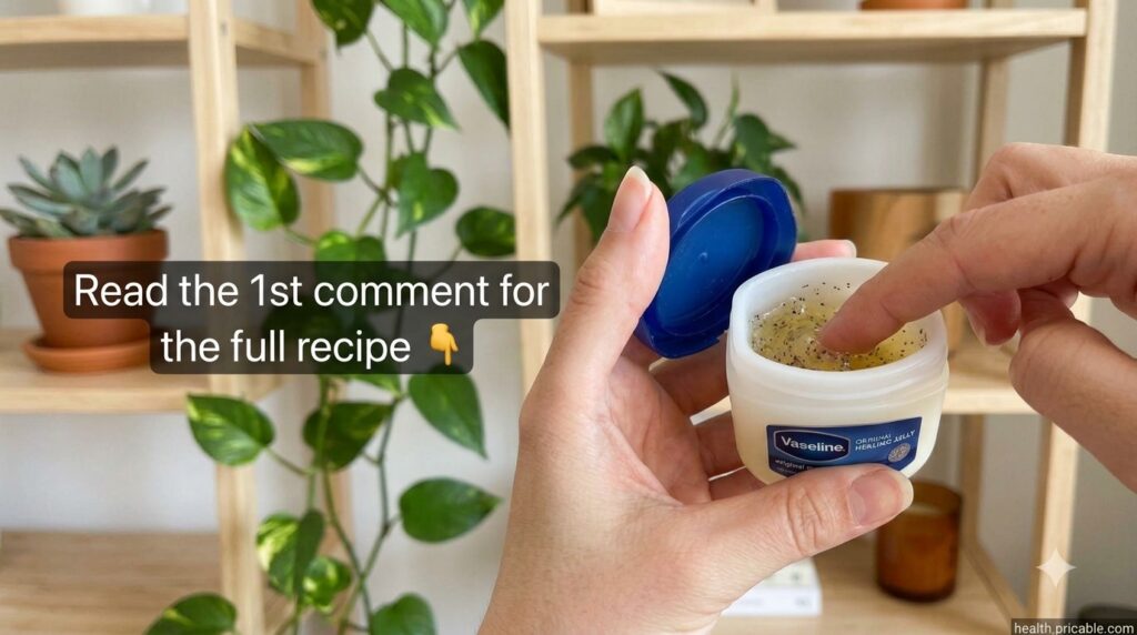 A close-up of a finger mixing Vaseline with finely ground coffee in a small glass jar showing a textured dark-speckled b