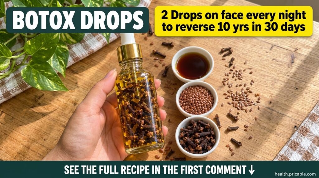 A hand holding a small glass dropper bottle containing a golden liquid and dried cloves next to small bowls of flax seed