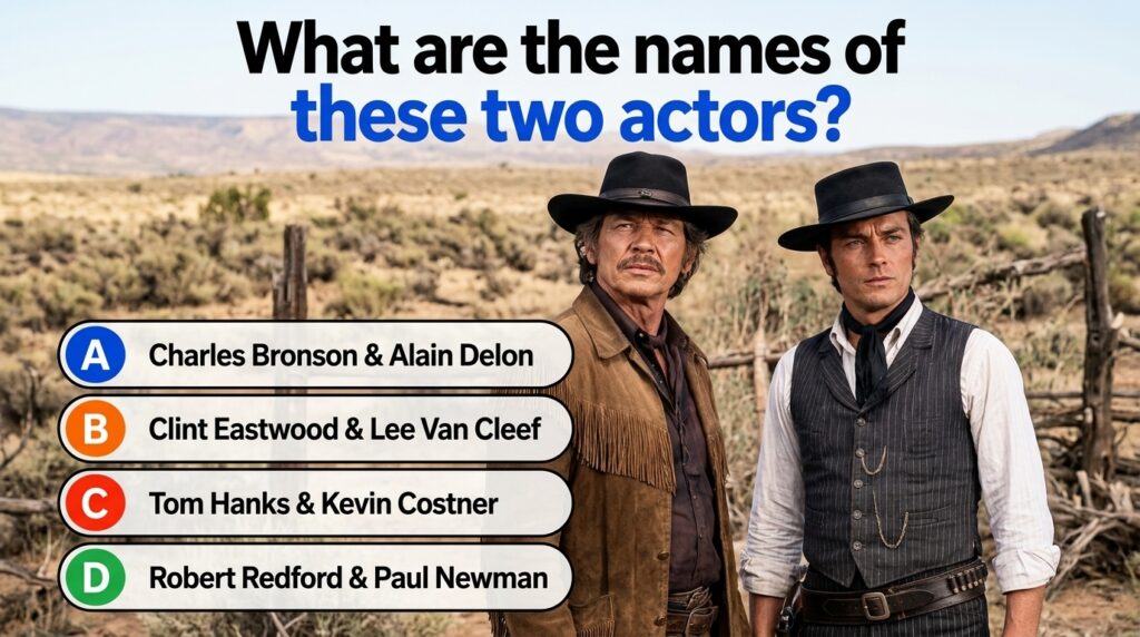 Two iconic actors Charles Bronson and Alain Delon in Western attire against a dry outdoor backdrop Bronson wears a fring