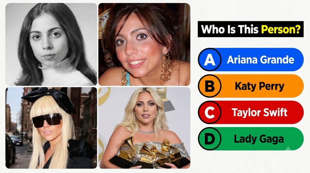 A 2x2 grid of four portraits of Lady Gaga from different stages of her career with a quiz question Who Is This Person an