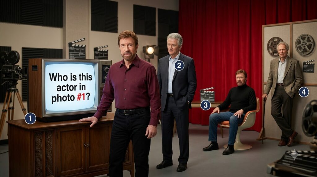 A multiple-choice quiz image showing four portrait photographs of iconic male actors with Chuck Norris prominently in ph