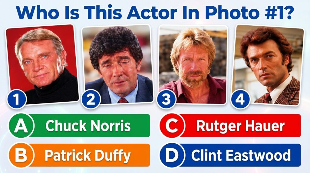 A multiple-choice quiz image showing four headshots of male actors in a 2x2 grid Actor 1 is Rutger Hauer Actor 2 is Patr