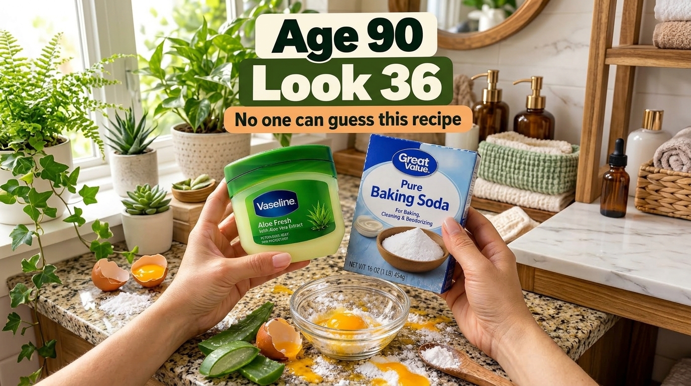 Hands holding Vaseline Aloe Fresh and baking soda surrounded by egg yolk broken eggshell a wooden spoon and cut aloe ver