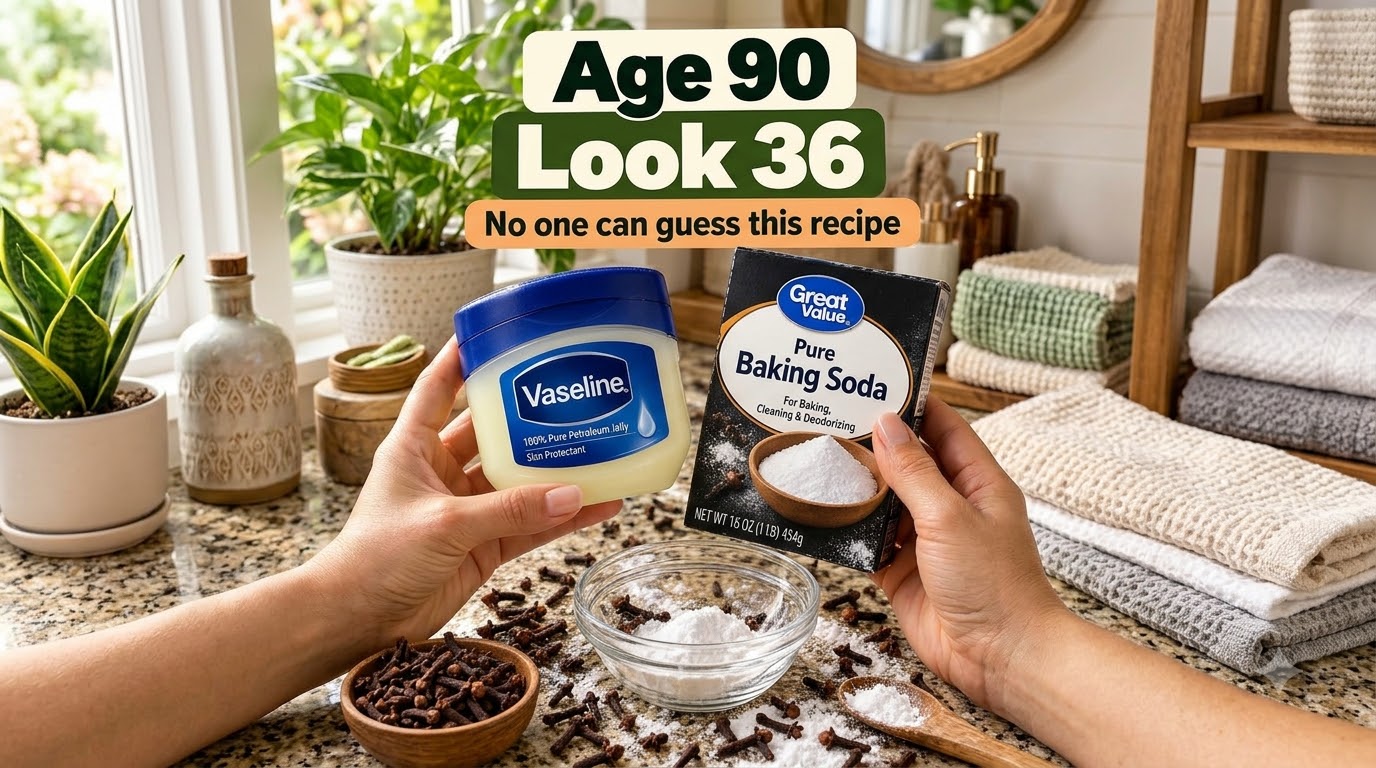 A pair of hands holding a jar of Vaseline and a box of baking soda In the foreground baking soda is in a glass bowl on a