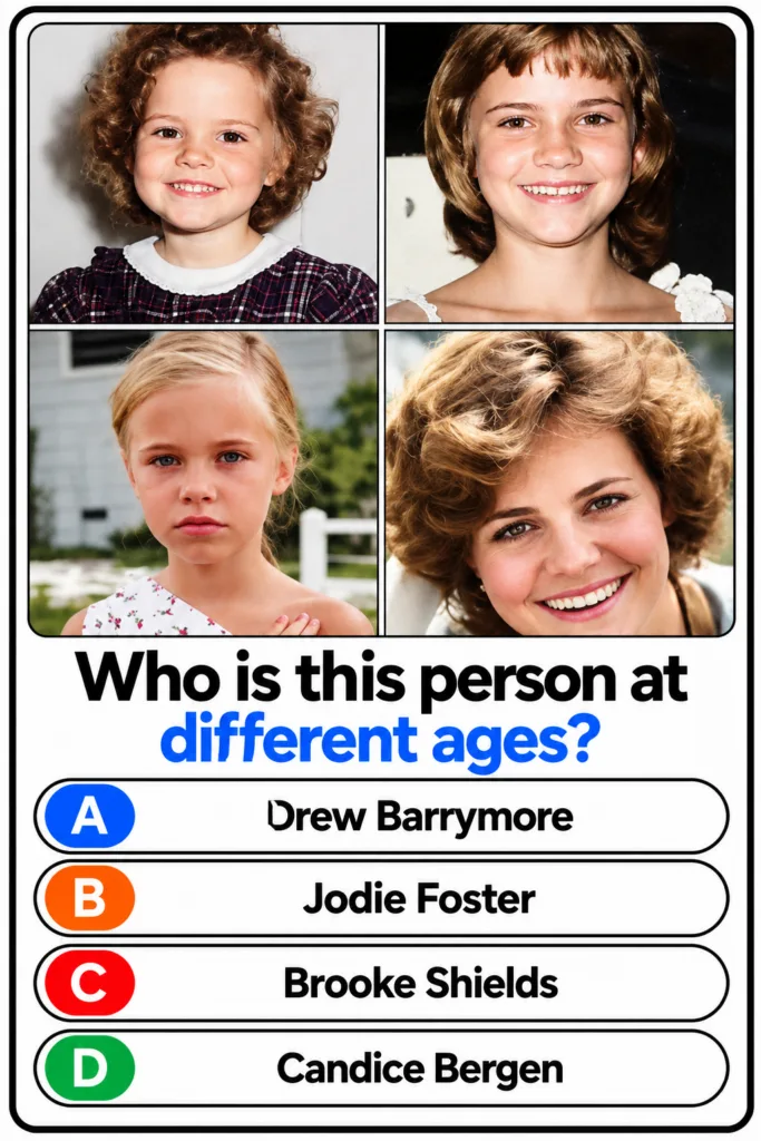 A multiple-choice quiz image showing four headshot portraits of Drew Barrymore at different ages toddler to young adult 