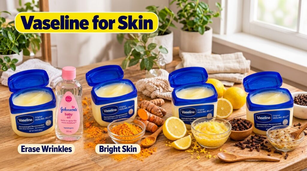 A four-panel grid showcasing jars of Vaseline Original Healing Jelly Each panel features Vaseline paired with a differen