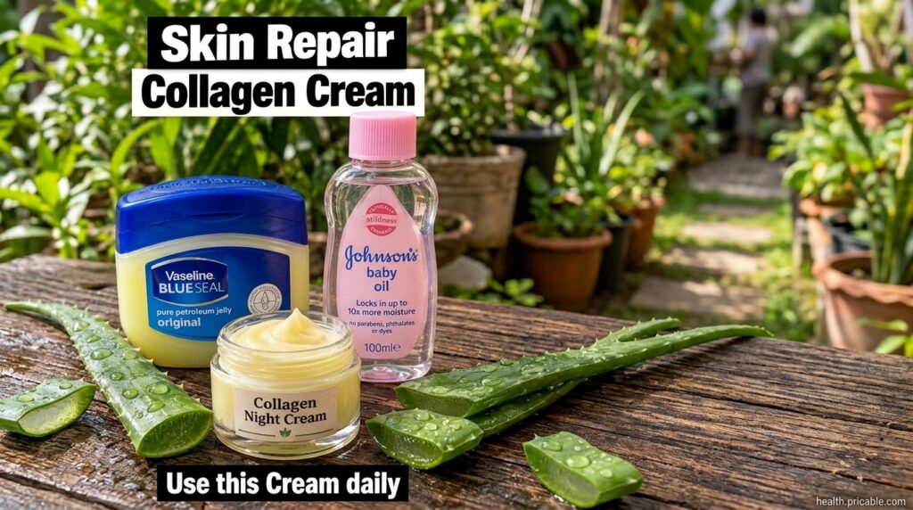 Ingredients for a DIY skin repair collagen cream including a jar of petroleum jelly a bottle of beauty oil a jar of coll