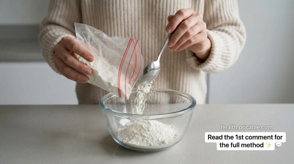 A hand using a silver spoon to transfer white rice powder from a small clear plastic bag into a clear glass mixing bowl 