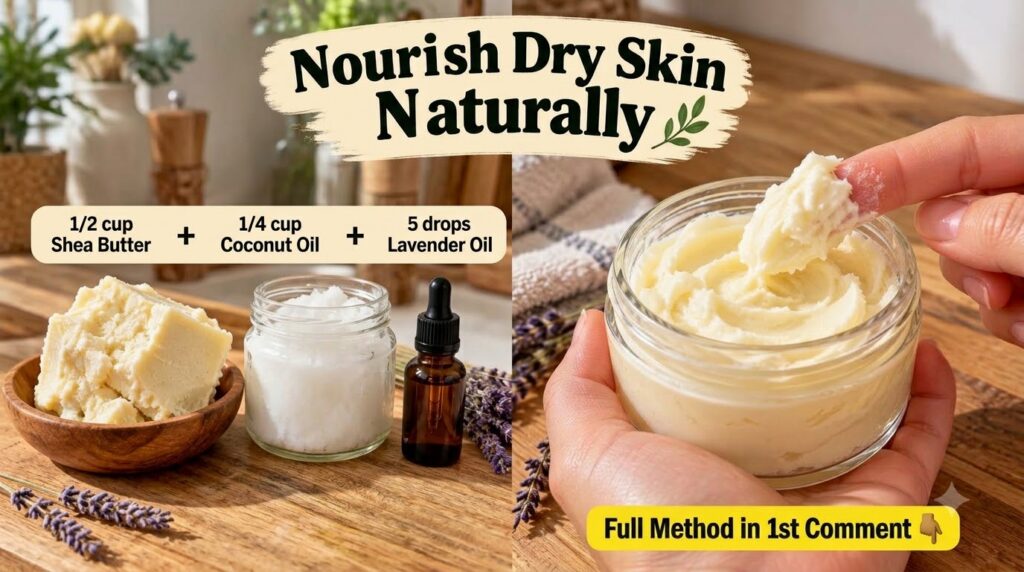 A close-up of a finger scooping a dollop of thick light-colored whipped body balm from a clear glass jar
