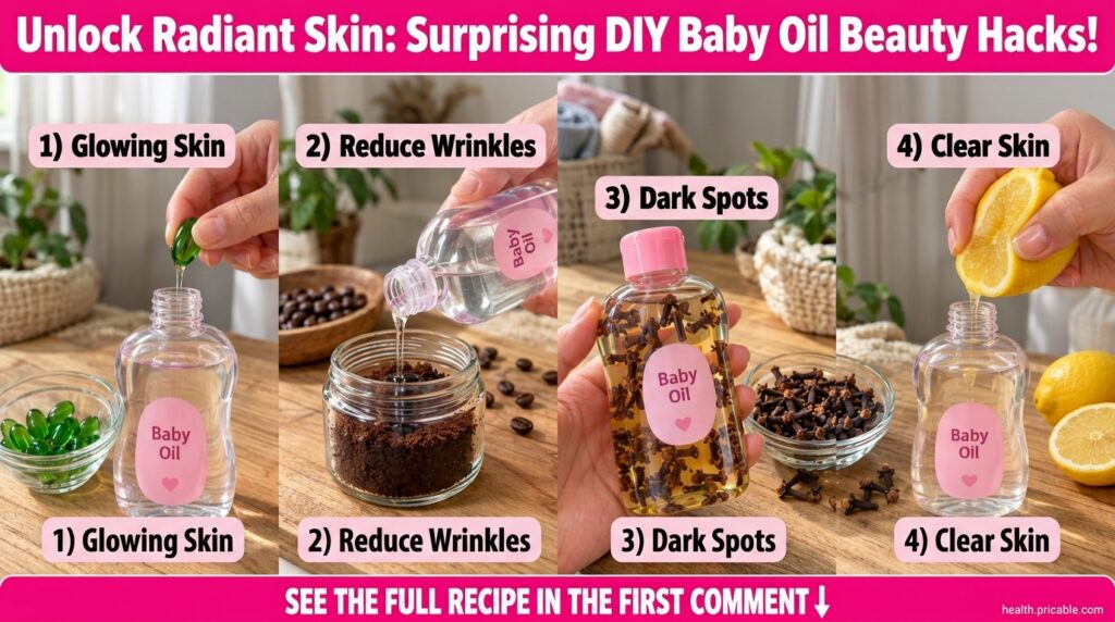 A 2x2 grid showing hands mixing baby oil with natural ingredients for different beauty hacks replicating the source imag