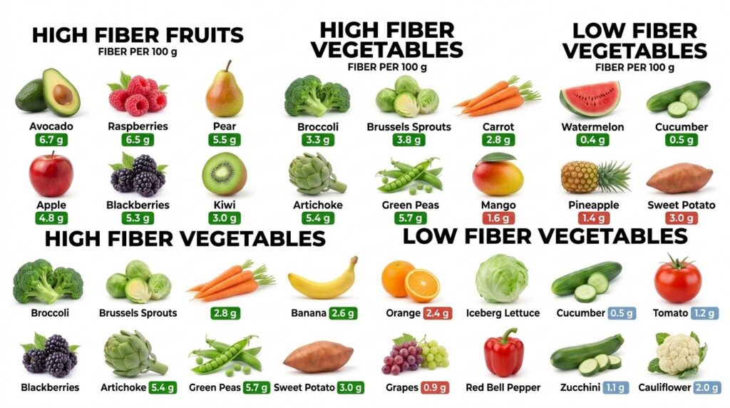 A grid-based infographic comparing high and low fiber fruits and vegetables It features categories like HIGH FIBER FRUIT