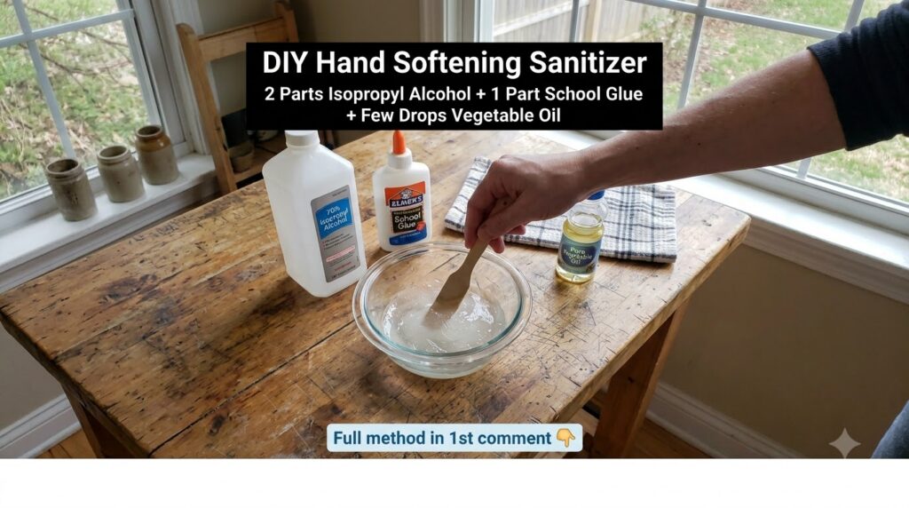 A clear glass mixing bowl with bottles of school glue isopropyl alcohol and vegetable oil on a rustic wooden surface wit
