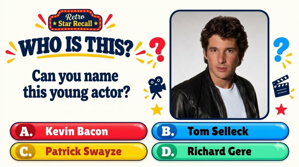 A retro-themed quiz graphic with a headshot of a young Richard Gere with curly hair and a leather jacket Decorative elem