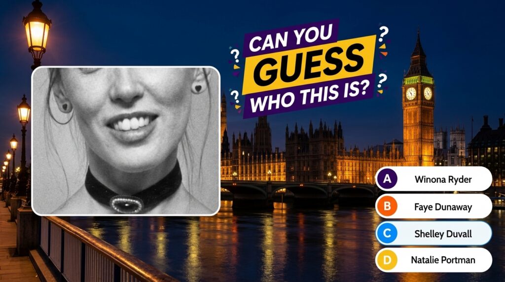 A vertical quiz graphic featuring a black and white close-up of Shelley Duvall s lower face and smile wearing a choker a