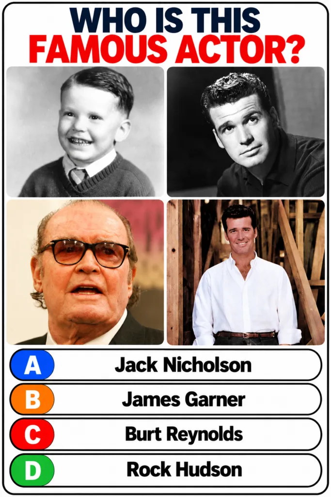 A 2x2 grid quiz image titled WHO IS THIS FAMOUS ACTOR showing four photos of Kirk Douglas at different ages as a child a