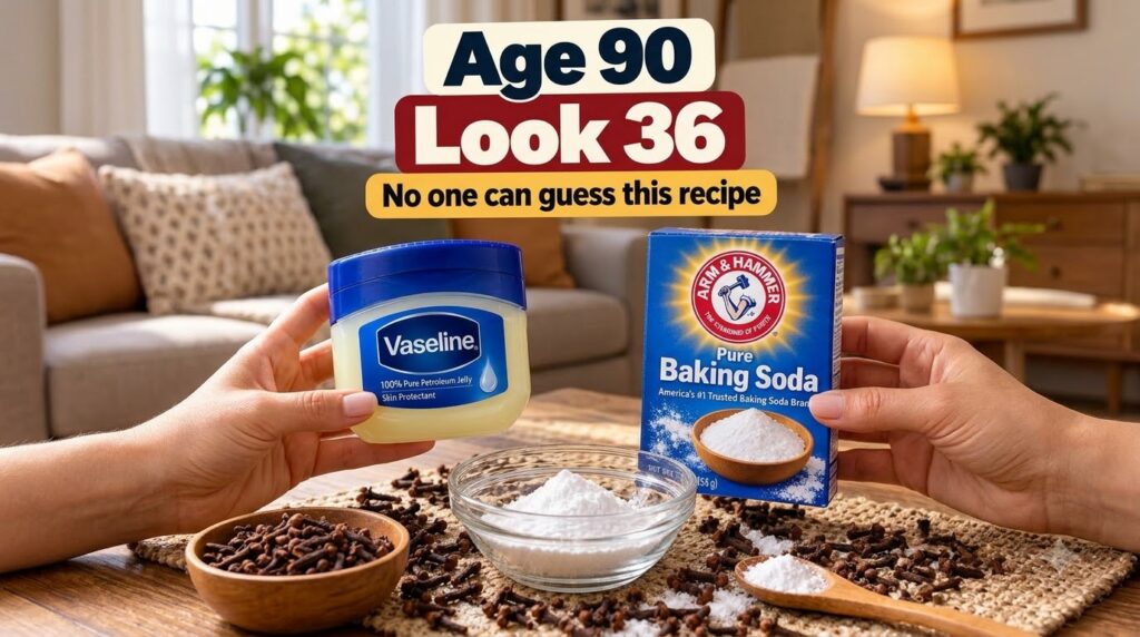 Hands holding a jar of Vaseline and a box of Arm Hammer Baking Soda with a glass bowl containing white powder additional