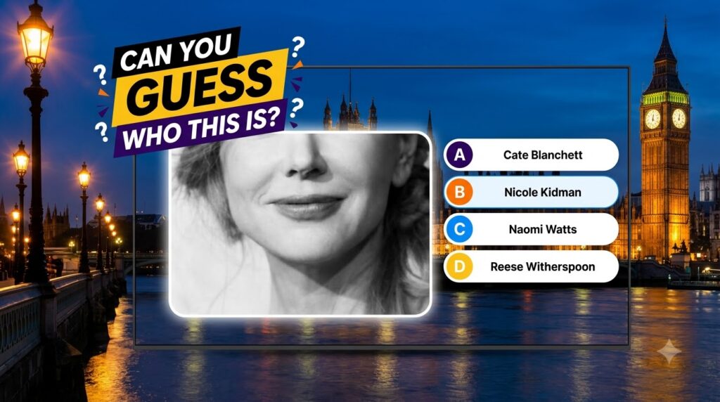 A black and white close-up of Nicole Kidman s lower face set against a nighttime cityscape of London