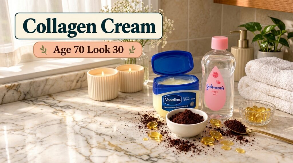 Various beauty and household products on a marble counter including an open tub of Vaseline a bottle of Johnson s baby o