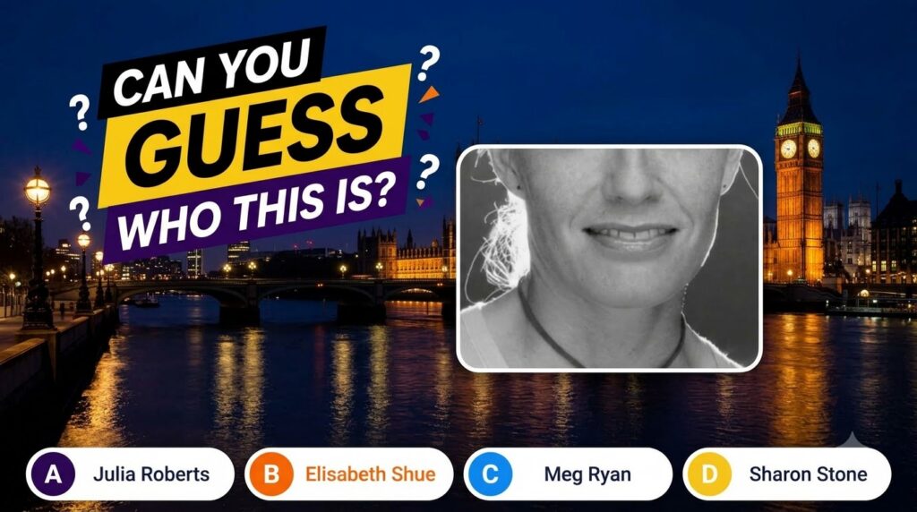 A vertical quiz overlay with CAN YOU GUESS WHO THIS IS over a black and white portrait of a woman s lower face set again