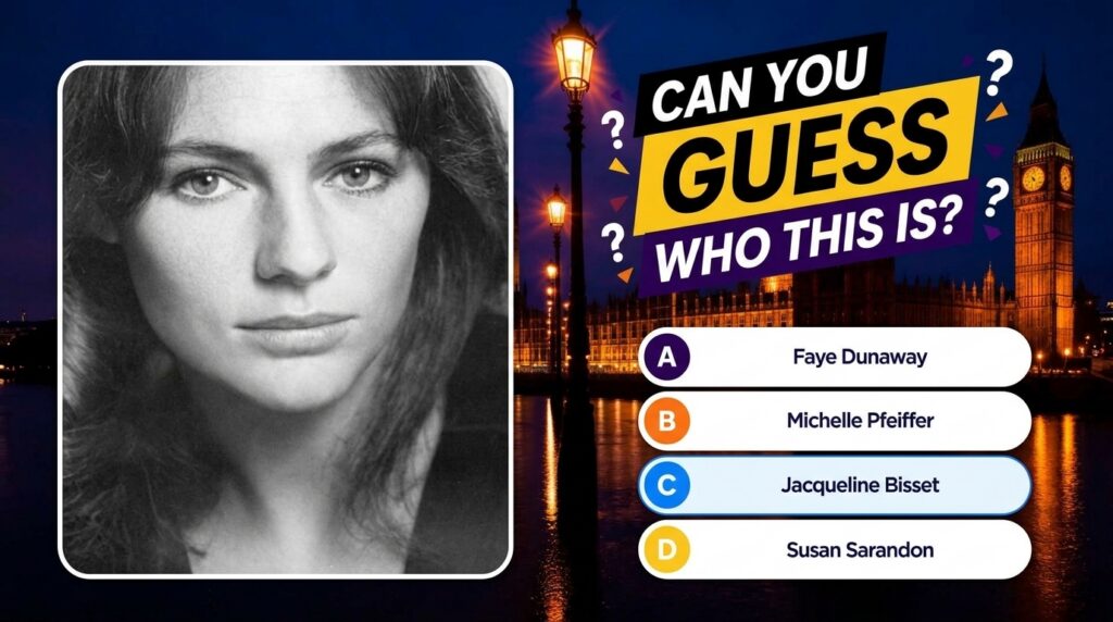A black and white portrait of a woman s lower face and hair presented as a quiz question CAN YOU GUESS WHO THIS IS with 