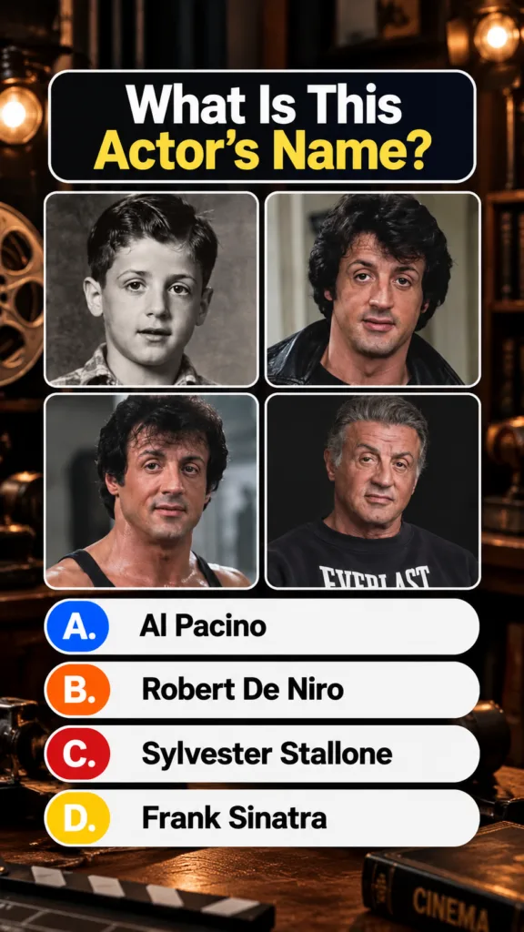 A multiple-choice quiz image showing four portraits of Sylvester Stallone at different life stages with a dimly lit vint