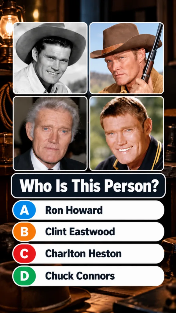 A vertical quiz image asking Who Is This Person with four portrait images of classic Western actors arranged in a 2x2 gr