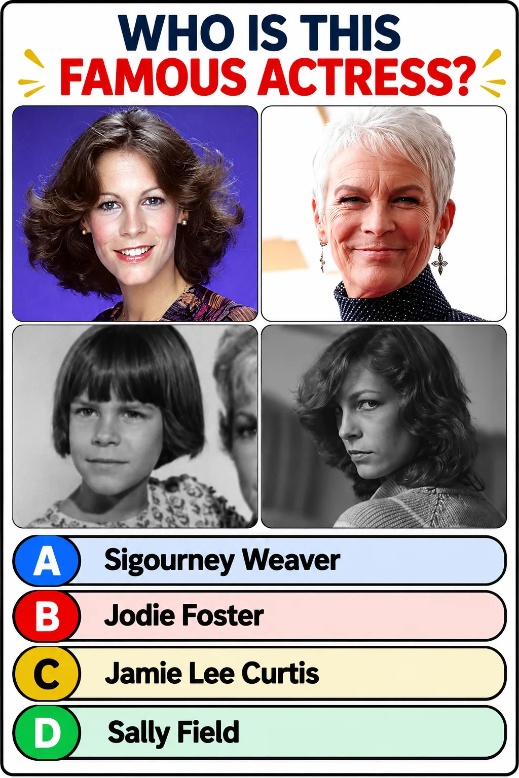 A quiz-style graphic featuring four portraits of actress Jamie Lee Curtis at different stages of her life with the quest
