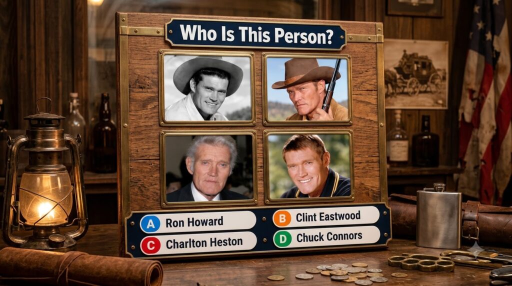 Quiz image showing four headshots of Chuck Connors and the question Who Is This Person with multiple-choice options The 