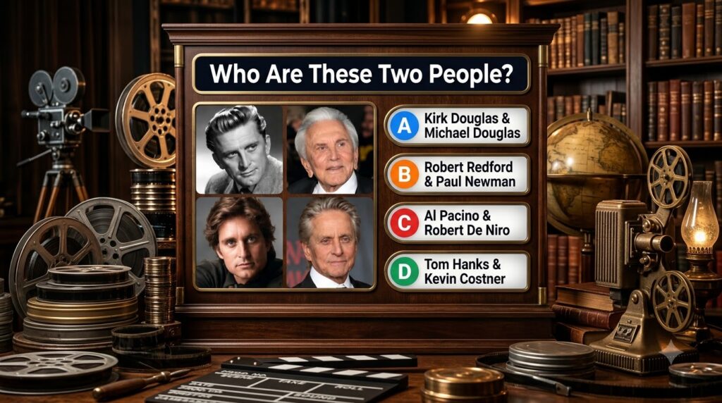 A quiz image titled Who Are These Two People featuring a 2x2 grid of celebrity portraits The top two portraits show Kirk