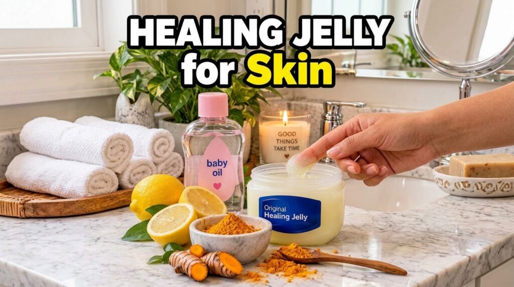 A person s hand dipping a finger into a jar of Vaseline surrounded by fresh lemon halves a small bowl of turmeric powder