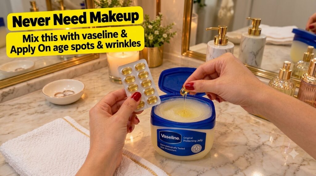 Hands mixing oil from a golden capsule into a jar of Vaseline set on a marble countertop with a candle and plant in the 