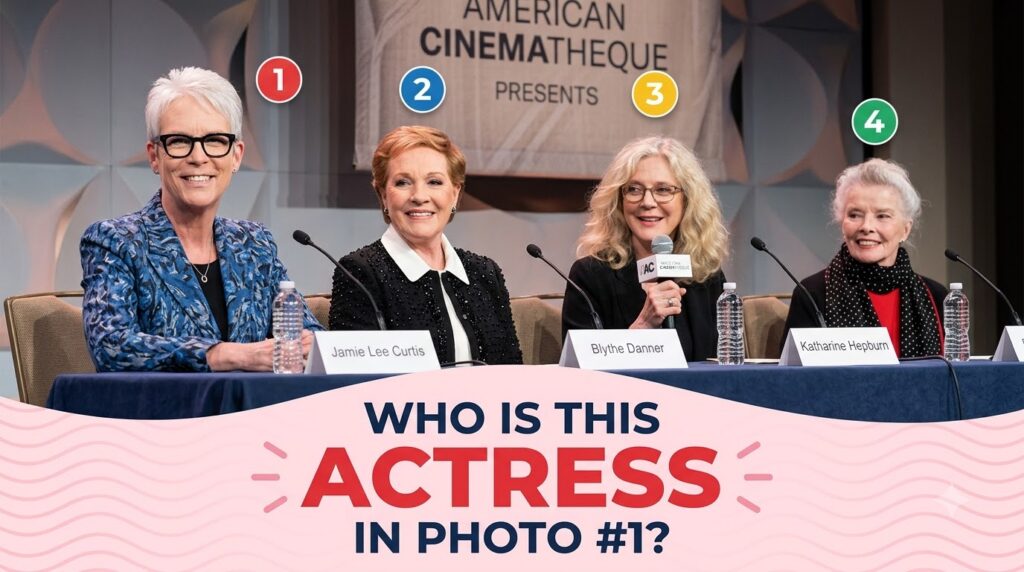 A quiz image with four headshot portraits of smiling mature women asking WHO IS THIS ACTRESS IN PHOTO 1