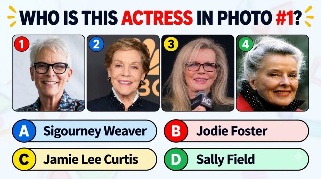 A multiple-choice quiz image showing four headshots of actresses with WHO IS THIS ACTRESS IN PHOTO 1 as the question Pho
