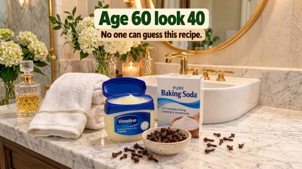 A collection of household items on a marble bathroom countertop featuring a jar of petroleum jelly a box of baking soda 