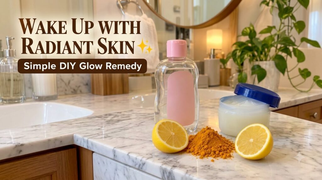 A clear bottle of baby oil a blue and white container of petroleum jelly a pile of yellow turmeric powder and two halves