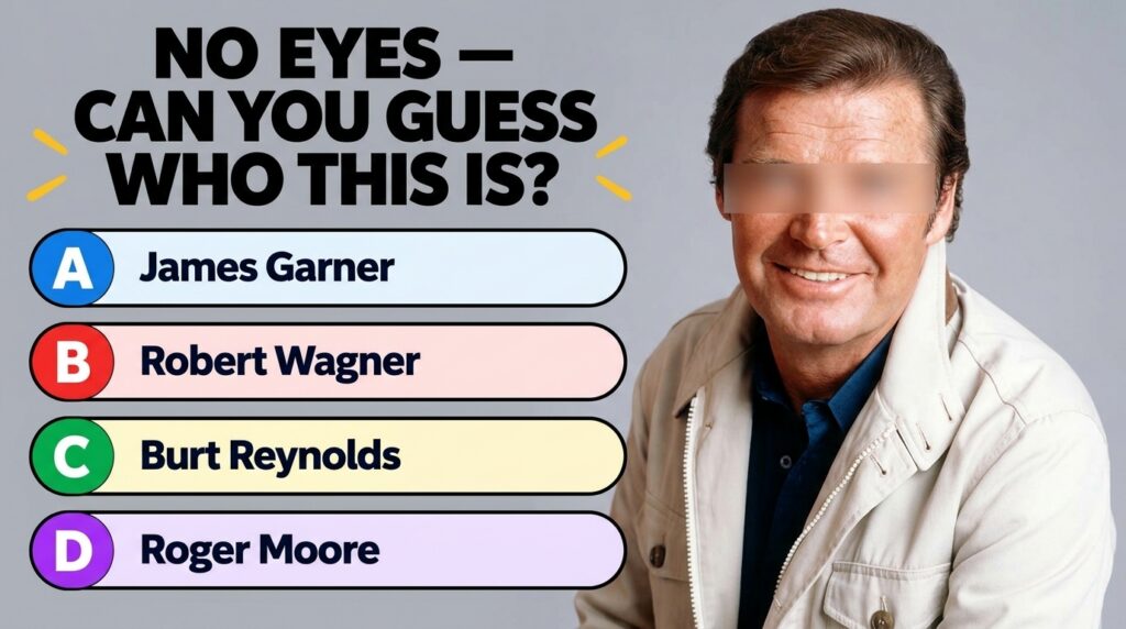 A celebrity quiz image showing a smiling man with his eyes obscured by a beige bar Below him are four multiple-choice op