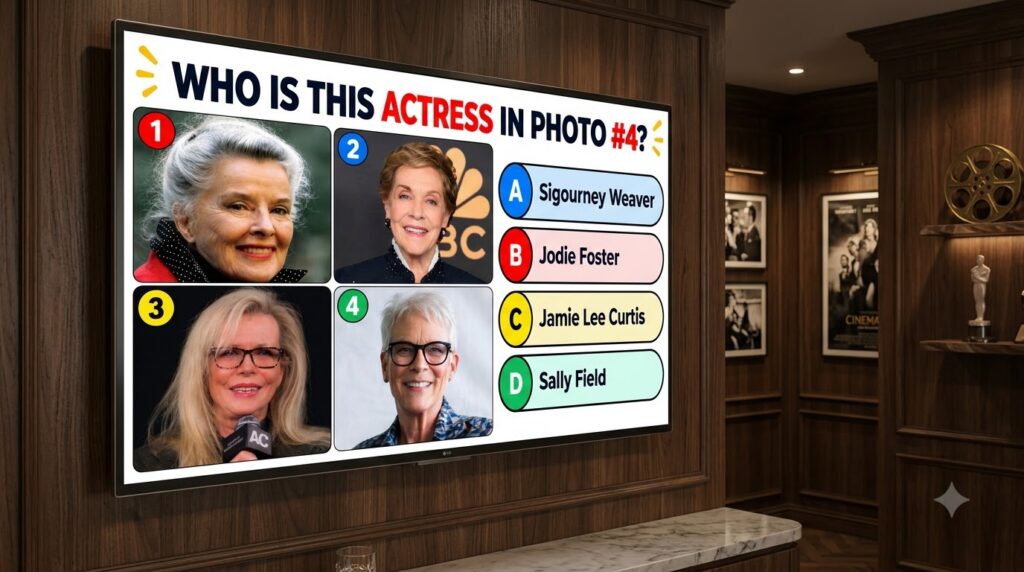 A multiple-choice quiz image asking to identify the actress in Photo 4 The image shows four headshots of well-known actr